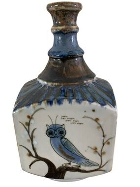 Ken Edwards Tonala Pottery Owl Vase‎ Mexico Hand Painted Blue Brown Signed